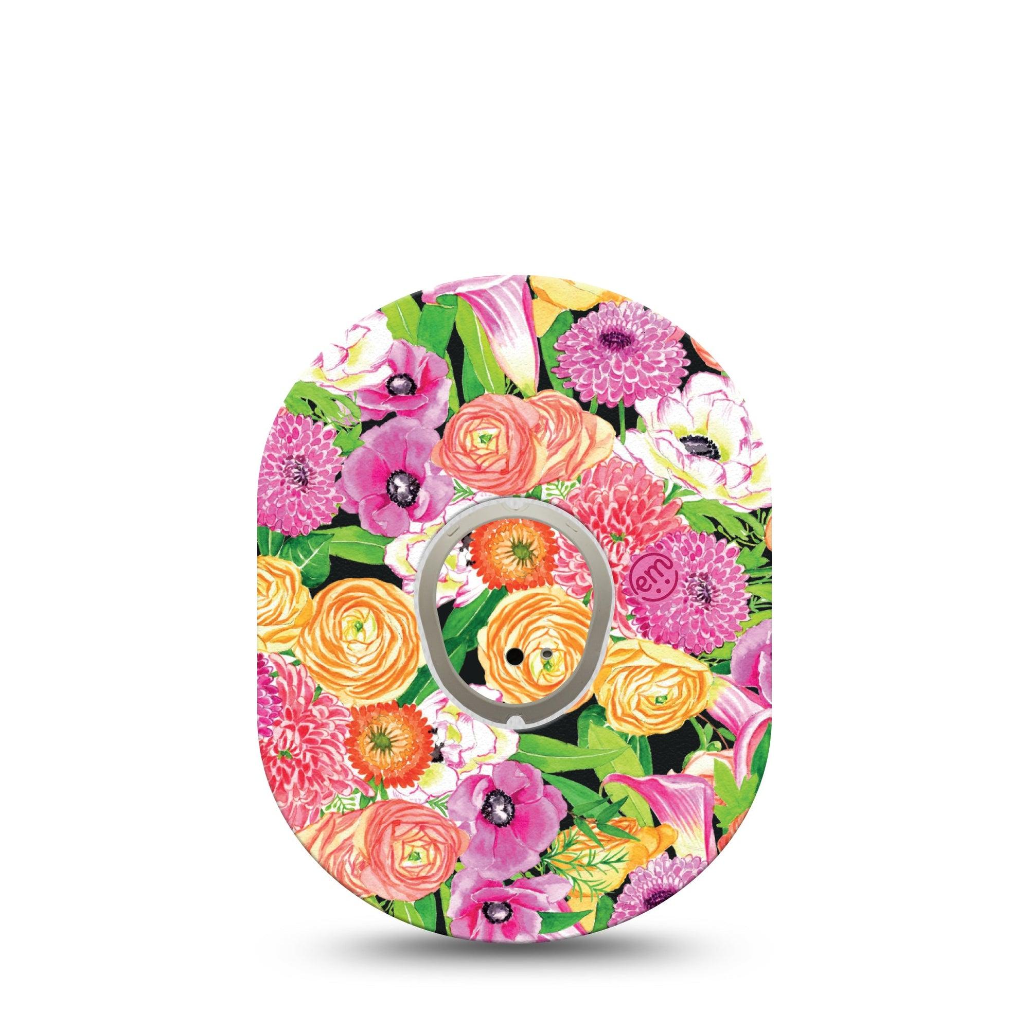 ExpressionMed Hand Painted Flowers Dexcom G7 Tape, Dexcom Stelo Glucose Biosensor System,  Single Tape and Single Sticker Pink and Yellow Garden Florals Overlay Tape Continuous Glucose Monitor Design