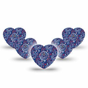 ExpressionMed Independence Paisley Freestyle Libre 3 and Libre 3 Plus Heart Shape Tape 5-Pack Tape and 5-Pack Sticker Blue Red White Paisley Print, Patch CGM Design