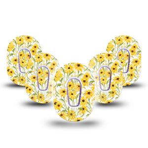 ExpressionMed Yellow Mosaic Floral Dexcom G6 Mini Tape 5-Pack Tape and 5-Pack Sticker Sunflower Field, Adhesive Tape CGM Design
