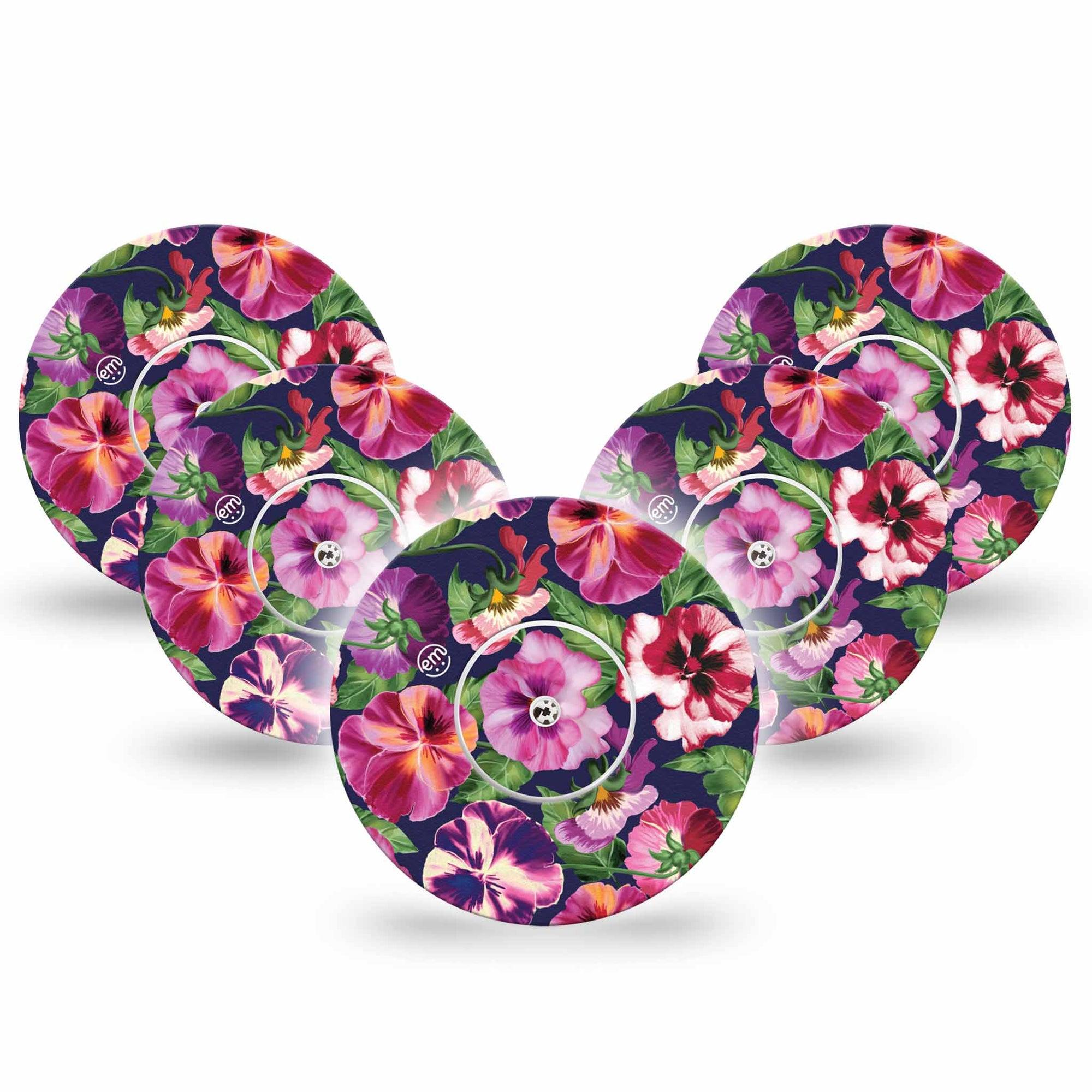 ExpressionMed Flower Girl Pansies Freestyle Libre Tape, Abbott Lingo, 5-Pack Tape and 5-Pack Sticker Large Petal Florals, Fixing Ring Tape Continuous Glucose Monitor Design