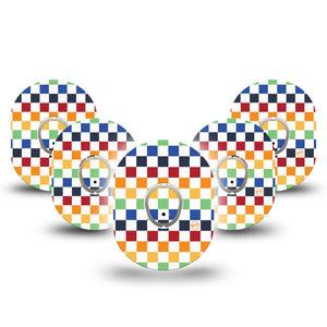 ExpressionMed Rainbow Checkerboard Dexcom G7 Tape, Dexcom Stelo Glucose Biosensor System, 5-Pack Tape and 5-Pack Sticker Multicolored Checkerboard, Overlay Tape CGM Design