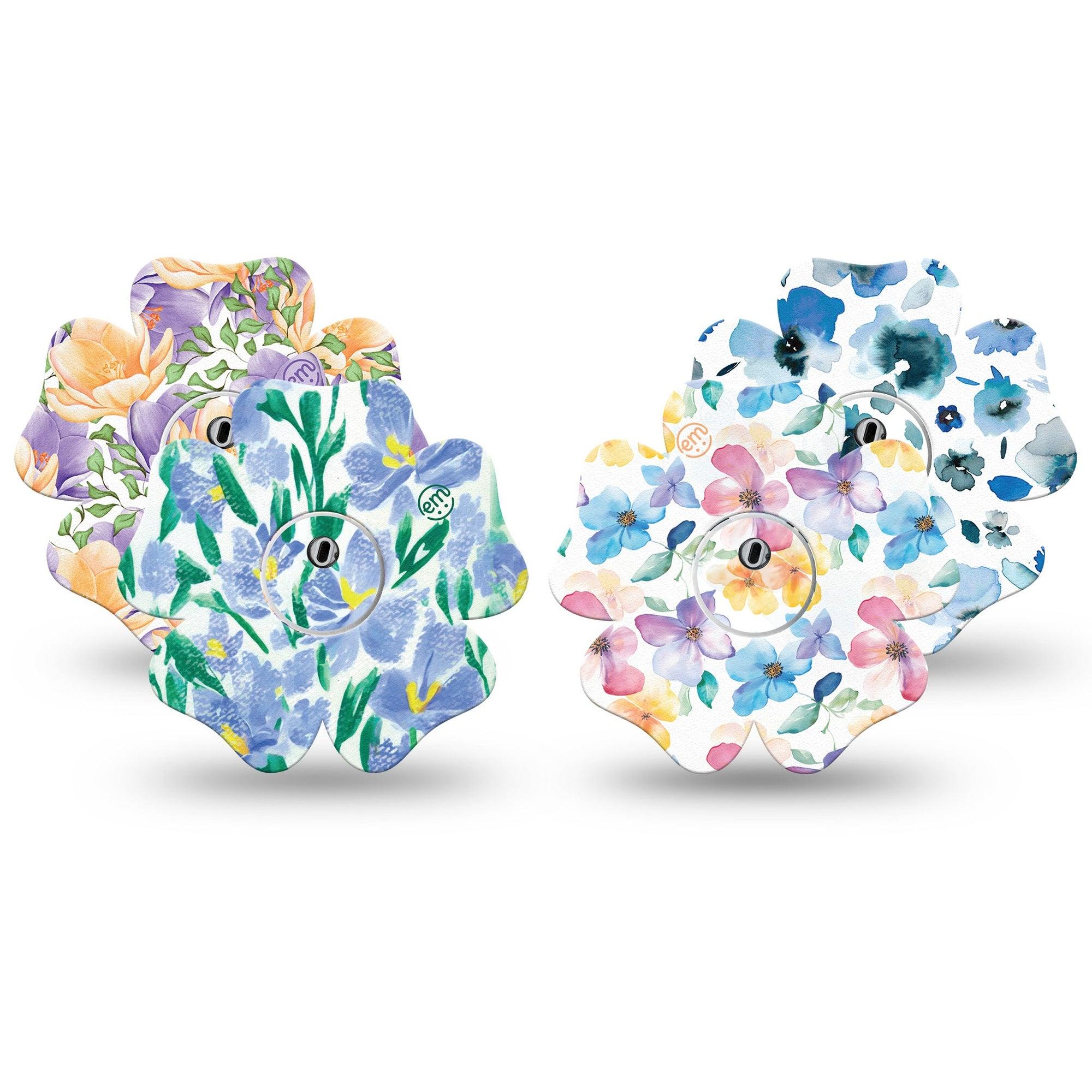 ExpressionMed Dusky Meadow Variety Pack Freestyle Libre 3 and Libre 3 Plus Flower Shape Tape 4-Pack Tape and 4-Pack Sticker Powdery Colored Spring Florals, Plaster CGM Design