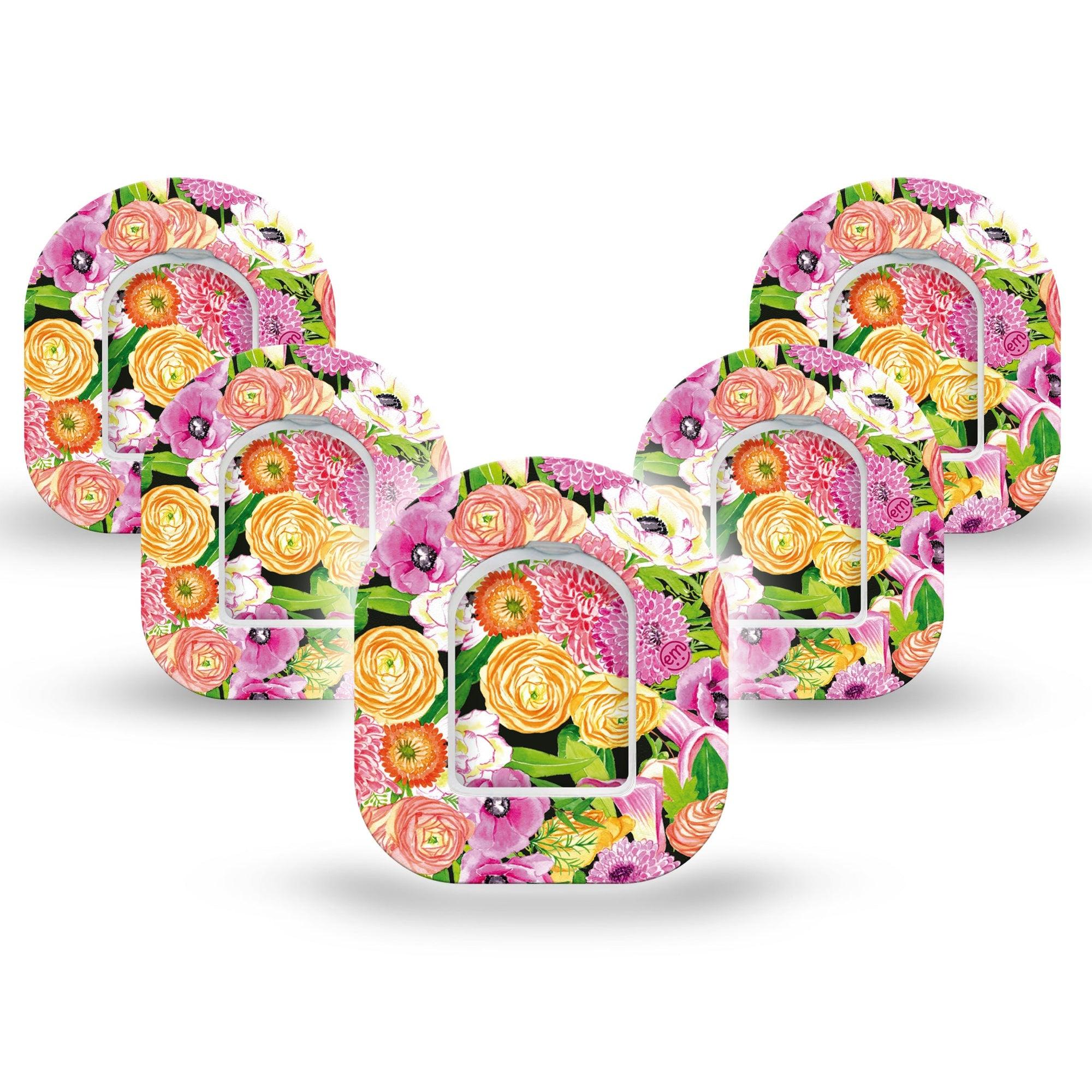 ExpressionMed Hand Painted Flowers Omnipod Mini Tape 5-Pack Tape and 5-Pack Sticker Pink Orange Flower Bouquet Adhesive Tape Pump Design