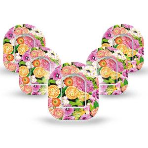 ExpressionMed Hand Painted Flowers Omnipod Mini Tape 5-Pack Tape and 5-Pack Sticker Pink Orange Flower Bouquet Adhesive Tape Pump Design