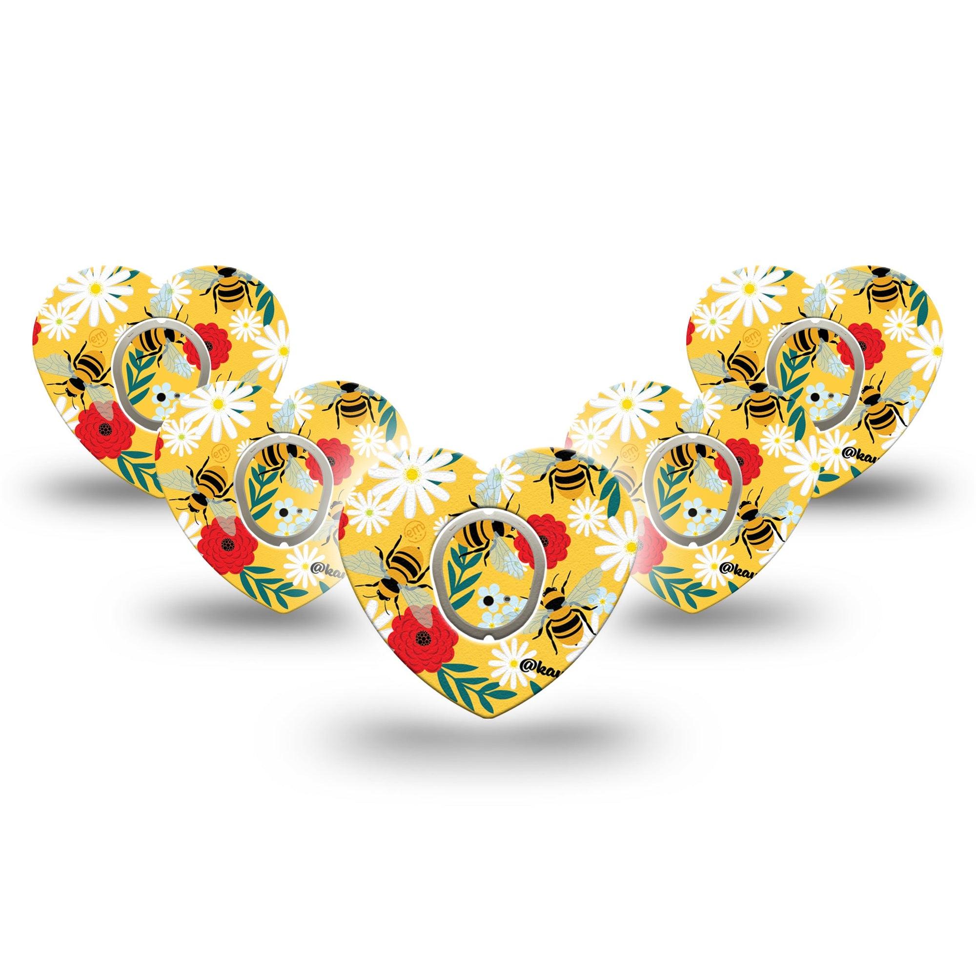 ExpressionMed Bees and Flowers Dexcom G7 Heart Shape Tape, Dexcom Stelo Glucose Biosensor System, 5-Pack Tape and 5-Pack Sticker Yellow Garden Floral Plaster CGM Design