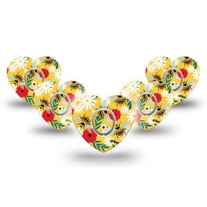 ExpressionMed Bees and Flowers Dexcom G7 Heart Shape Tape, Dexcom Stelo Glucose Biosensor System, 5-Pack Tape and 5-Pack Sticker Yellow Garden Floral Plaster CGM Design
