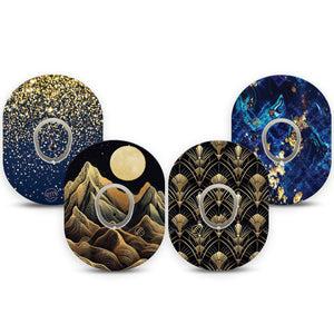 ExpressionMed Midnight Majesty Variety  Pack Dexcom G7 and Dexcom Stelo Glucose Biosensor System, 4-Pack Tape and 4-Pack Sticker Variety Fun gold texure inspired Overlay Patch for CGM