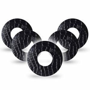 ExpressionMed Black Aligator Skin Freestyle Libre and Libre 2 Plus Tape, Abbott Lingo, 5-Pack Tape Black Sleek Alligator Print, Fixing Ring Tape Continuous Glucose Monitor Design