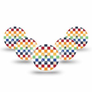 ExpressionMed Rainbow Checkerboard Freestyle Libre 3 and Libre 3 Plus Tape 5-Pack Tape and 5-Pack Sticker Colorful Checkered Pattern, Adhesive Tape Continuous Glucose Monitor Design