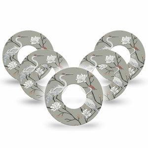 ExpressionMed Cranes Freestyle Libre, Libre 2 Plus, and Abbott Lingo, 5-Pack White cranes florals Decorative Patch for Continuous Glucose Monitor