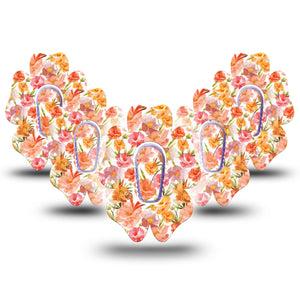 ExpressionMed Peach Dusk Dexcom G6 Flower Shape Tape, 5-Pack Tape and 5-Pack Sticker Pink Orange Flowers, Adhesive Patch Continuous Glucose Monitor Design