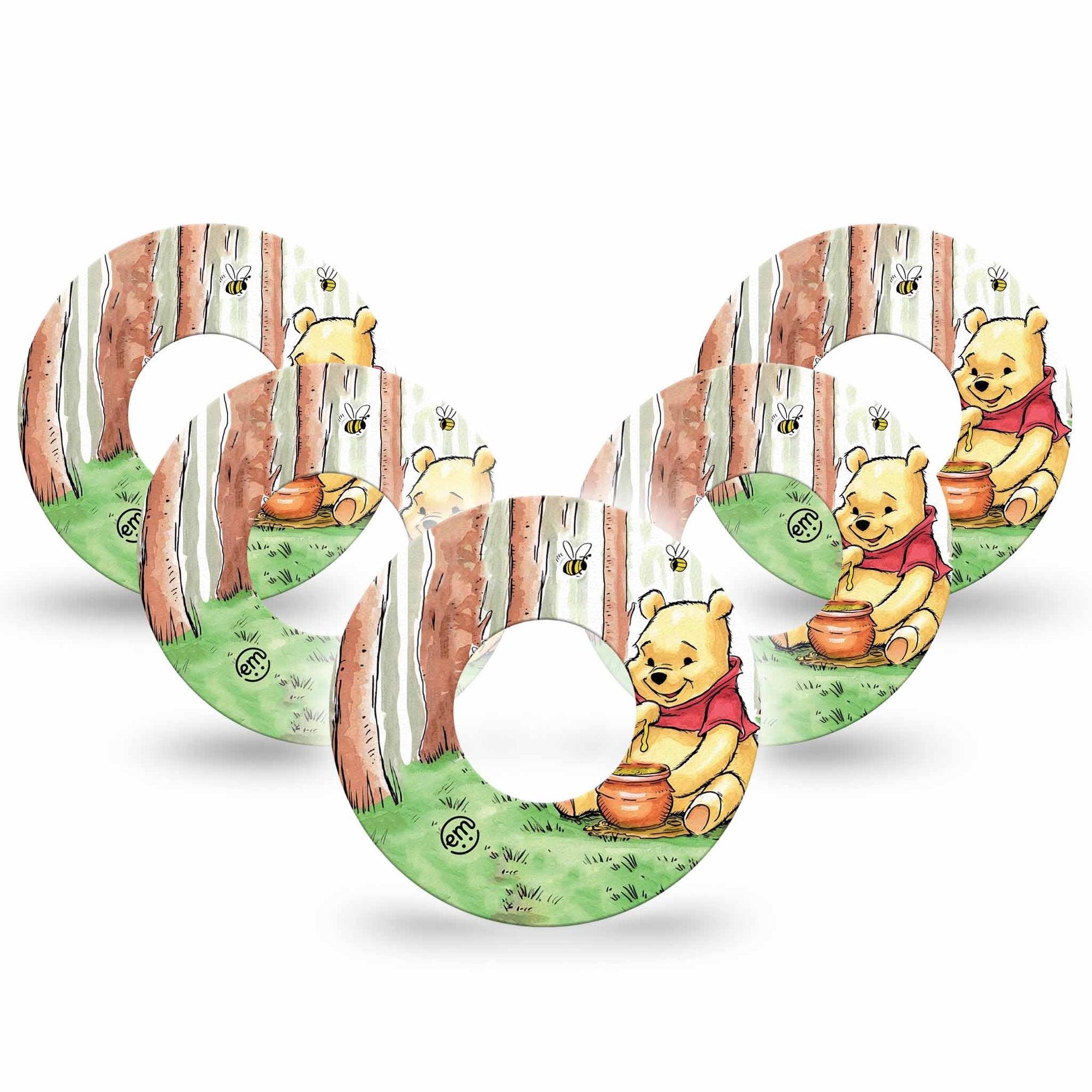 ExpressionMed Winnie the Pooh Freestyle Libre Tape, Abbott Lingo,  5-Pack Pooh Hundred Acre Woods Fixing Ring Tape Continuous Glucose Monitor Design