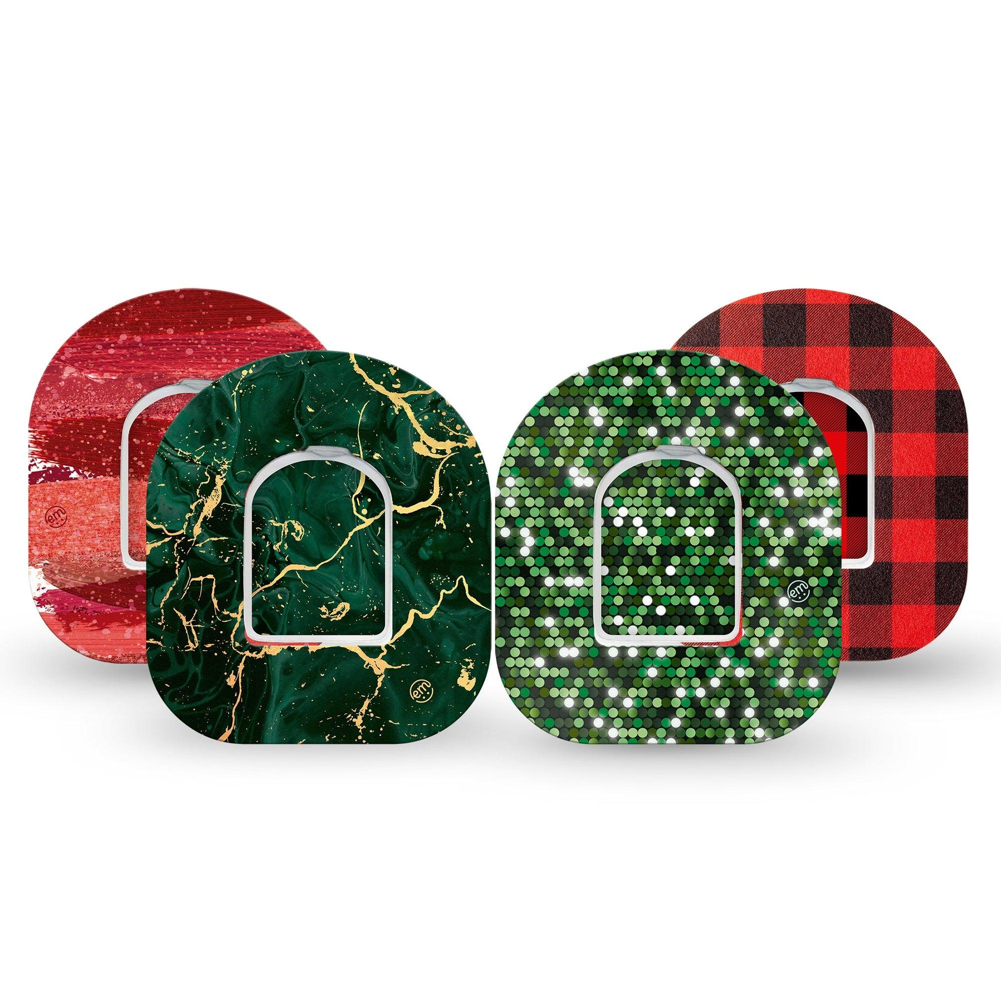 ExpressionMed Jolly Variety Pack Omnipod Tape 4-Pack Tape and 4-Pack Sticker Variety Red and Green Patterns, Buffalo Plaid, Adhesive Patch Pump Design