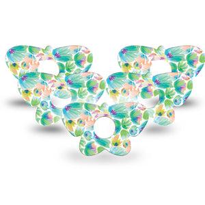 ExpressionMed Happy Go Lucky Flowers Freestyle Libre 3 Butterfly Shape Tape 5-Pack Green And Peachy Lightly Painted Petals Overlay Patch CGM Design