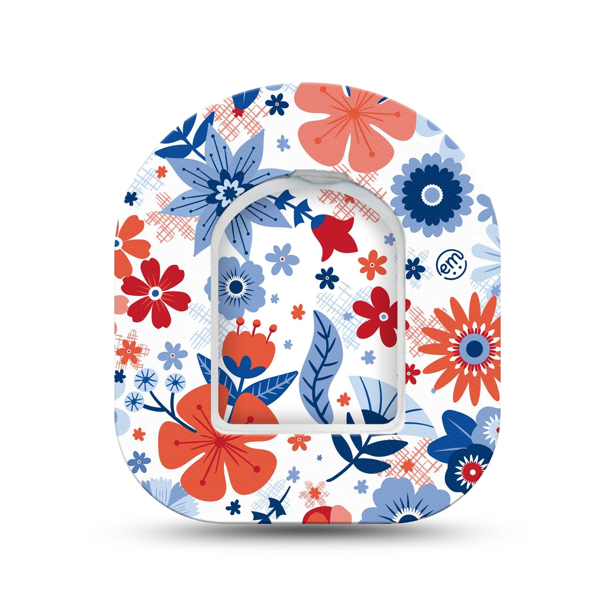 ExpressionMed July Flowers Omnipod Surface Center Sticker and Mini Tape July 4th Flowers Vinyl Sticker and Tape Design Pump Design