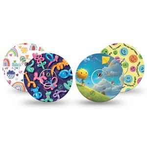 ExpressionMed Breezy Days Variety Pack Freestyle Libre 3 and Libre 3 Plus Tape, 4-Pack Tape and 4-Pack Sticker Variety Cheerful Character Inspired, Adhesive Tape Continuous Glucose Monitor Design