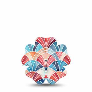 ExpressionMed Watercolor Fan Freestyle Libre, Libre 2 Plus, and Abbott Lingo Flower, Single Tape and Single Sticker Soft blue red tone fan pattern Adhesive Tape for CGM