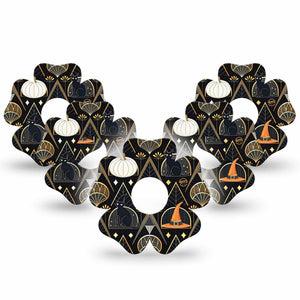 ExpressionMed Art Deco Halloween Freestyle Libre 3 and Libre 3 Plus Flower Shape Tape 5-Pack Tape Halloween Pumpkins Witch Hats, Plaster CGM Design