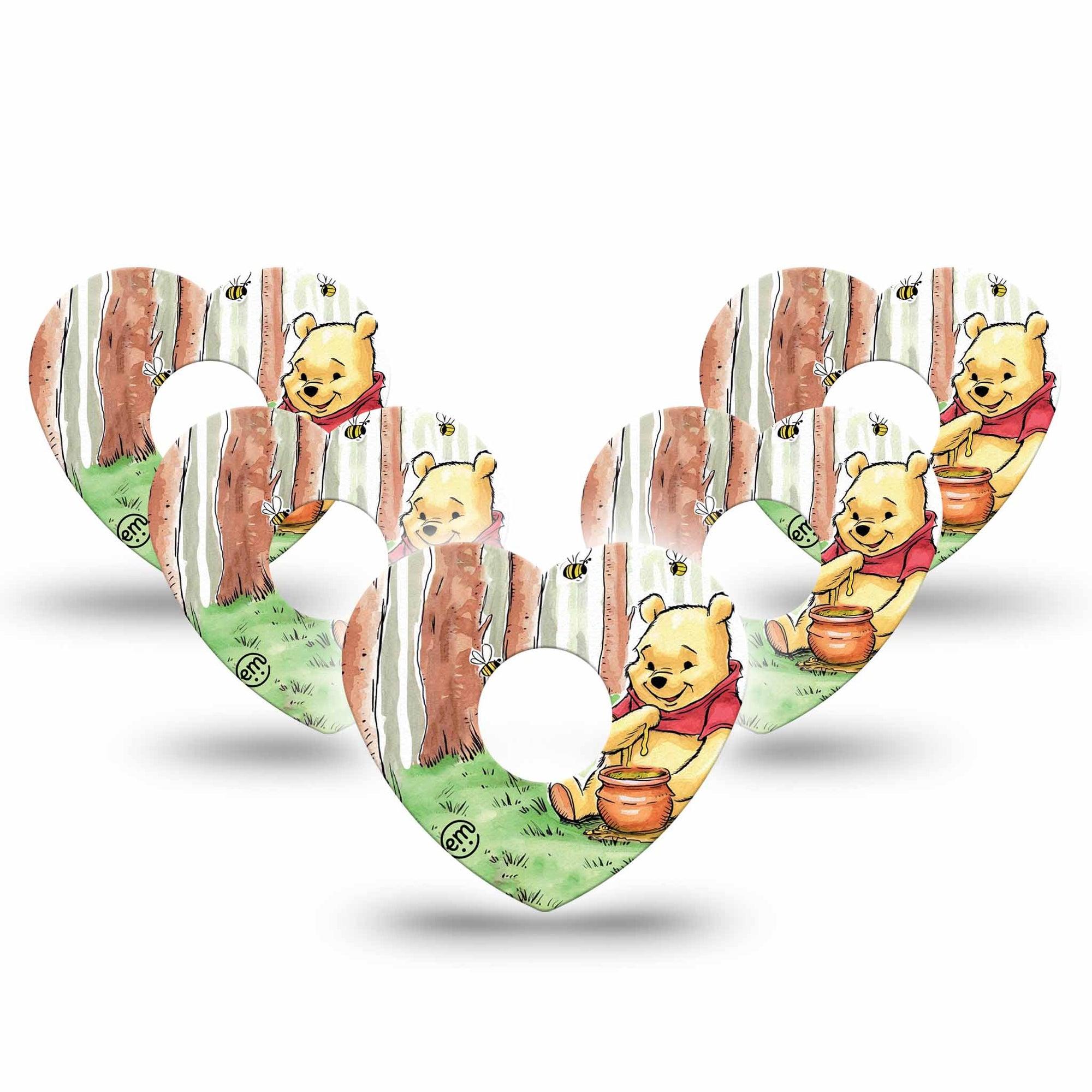 ExpressionMed Winnie the Pooh Freestyle Libre 3 Heart Shape Tape 5-Pack Pooh Bear Eating Honey Patch CGM Design