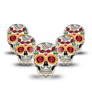 ExpressionMed Dia De Los Muertos Freestyle Libre 2 Skull Shape Tape, Abbott Lingo, 5-Pack Tape and 5-Pack Sticker Festive Skull Plaster Continuous Glucose Monitor Design