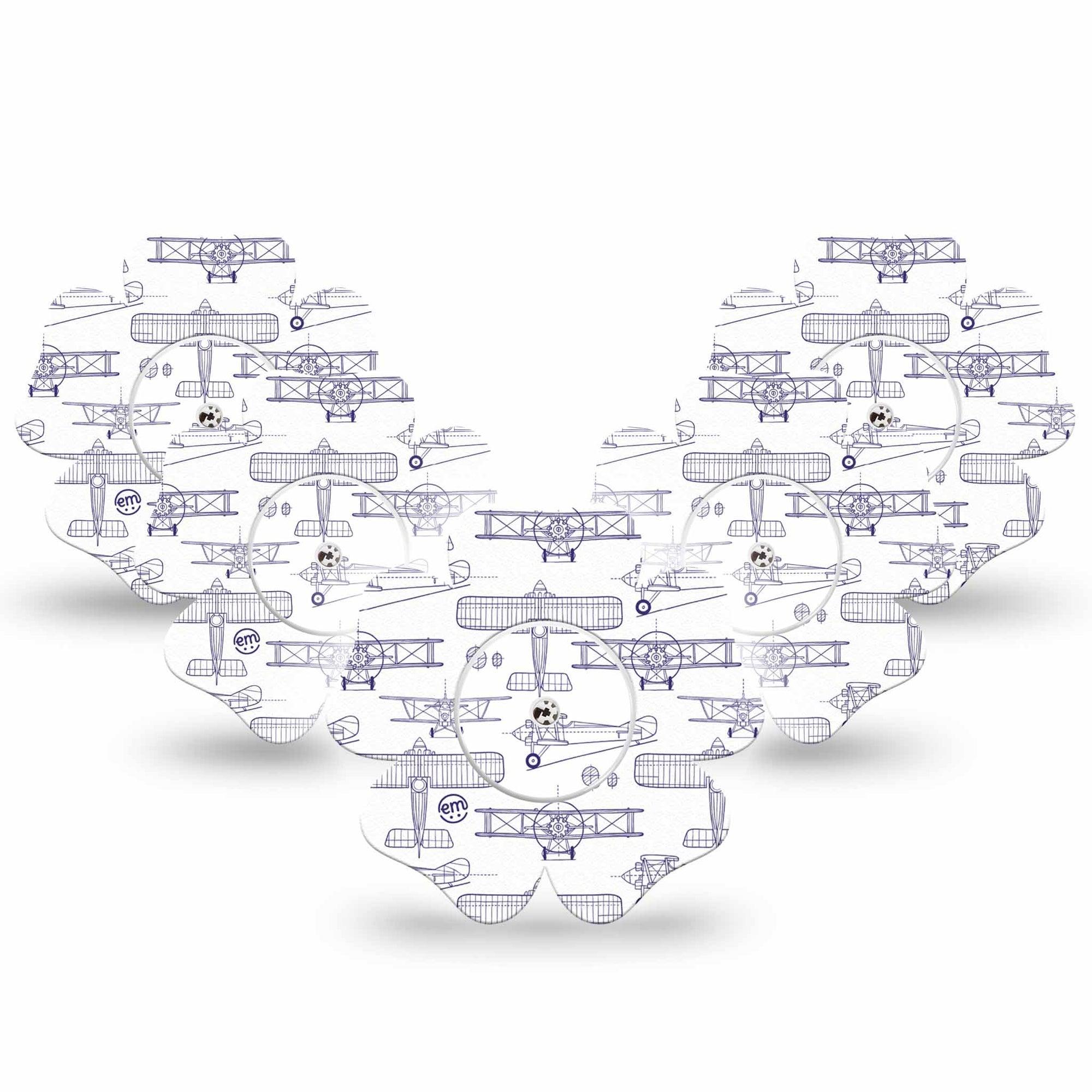 ExpressionMed Airplane Freestyle Libre 2 and Libre 2 Plus Flower Shape Tape, Abbott Lingo, 5-Pack Tape and 5-Pack Sticker Glider Planes, Fixing Ring Tape CGM Design