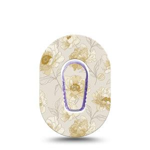 ExpressionMed Sketched Peonies Dexcom G6 Mini, Single Tape and Single Sticker White and yellow peonies Waterproof Adhesive Tape for CGM