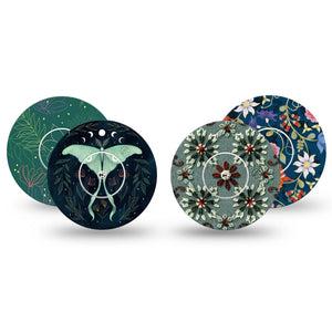 ExpressionMed Muted Mosses Variety Pack Freestyle Libre and Libre 2 Plus Tape, Abbott Lingo, 4-Pack Tape and 4-Pack Sticker Variety, Blue Green Florals, Fixing Ring Tape Continuous Glucose Monitor Design
