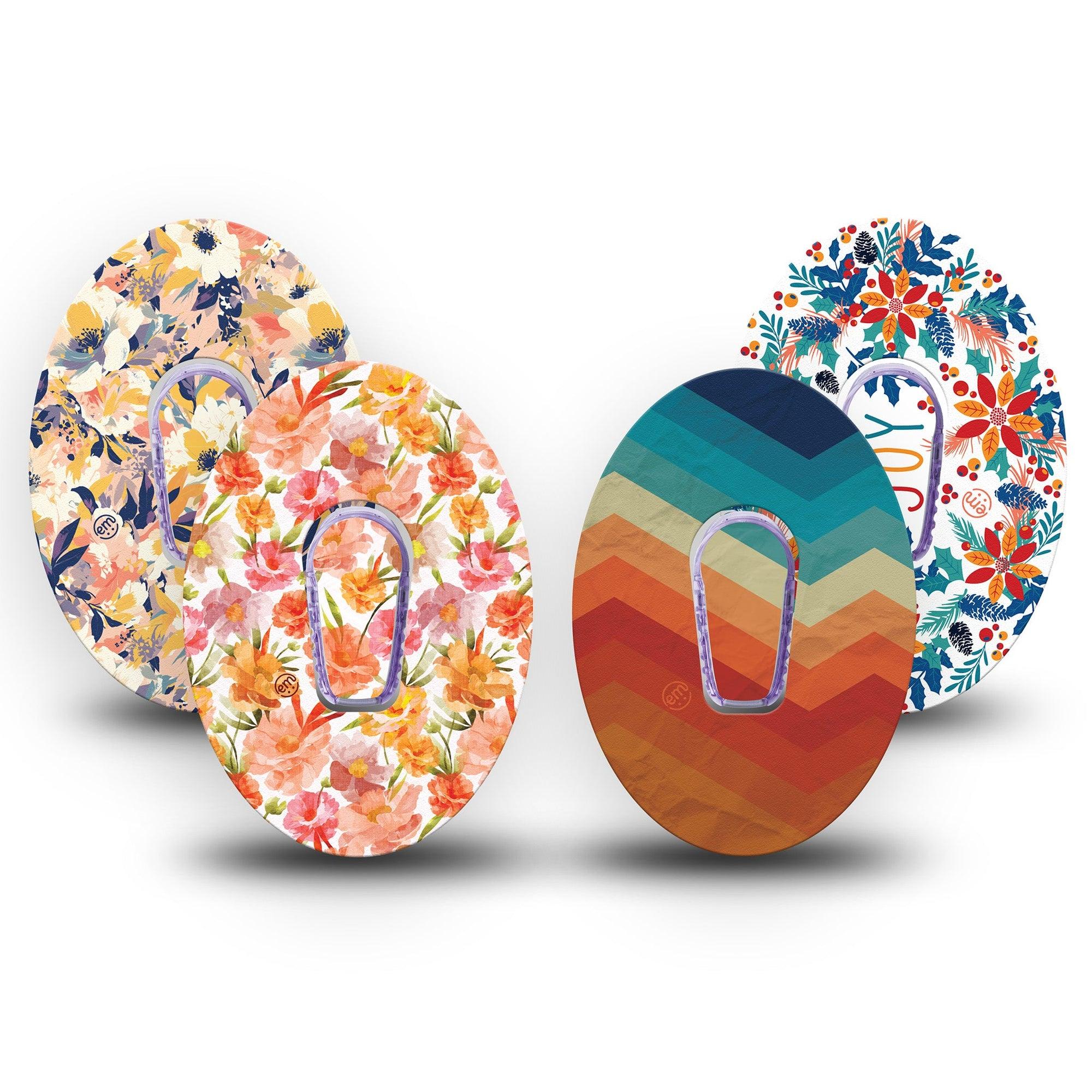 ExpressionMed Jewel Tone Glow Variety Pack Dexcom G6 Tape, 4-Pack Tape and 4-Pack Stickers Variety Winter Floral Theme, Plaster Continuous Glucose Monitor Design