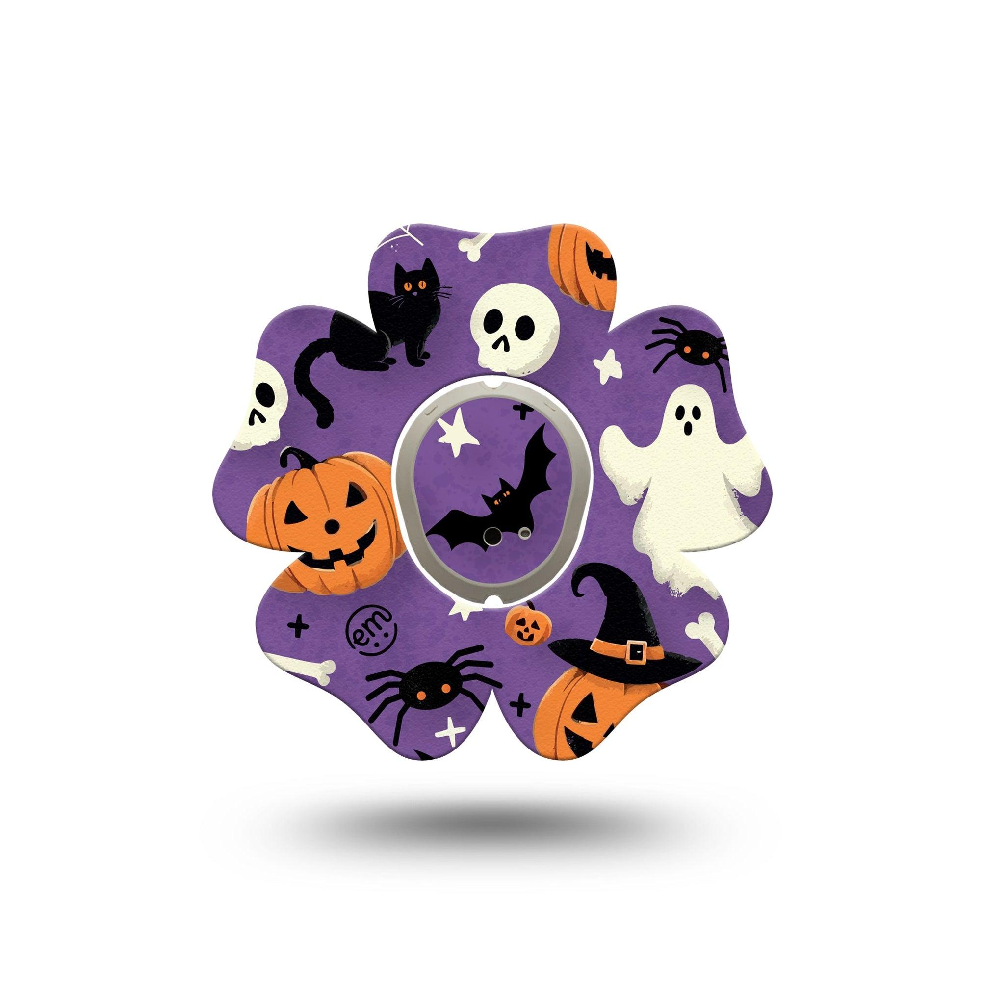 ExpressionMed Happy Halloween Dexcom G7 Flower Shape Tape, Dexcom Stelo Glucose Biosensor System, Single Tape and Single Sticker Purple Backdrop Halloween Theme Adhesive Tape CGM Design