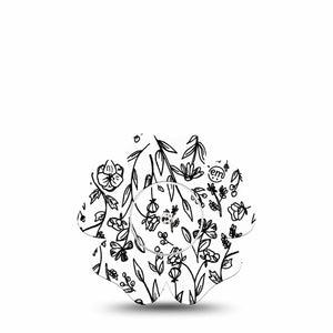 ExpressionMed Custom Black and White Floral Freestyle Libre 2 and Libre 2 Plus Flower Shape Tape, Abbott Lingo, Single Tape and Single Sticker Custom Flowerwork Plaster CGM Design