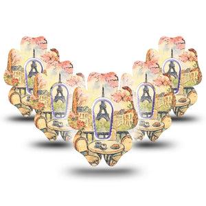 ExpressionMed Café Terrace Dexcom G6 Flower, 5-Pack Tape and 5-Pack Sticker Watercolor eiffel tower Fixing Ring Patch for Continuous Glucose Monitor