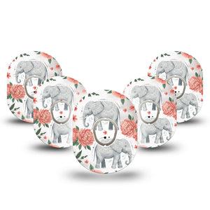 ExpressionMed Sweet Elephants Dexcom G7 and Dexcom Stelo Glucose Biosensor System, 5-Pack Tape and 5-Pack Sticker gentle safari theme Accessories for Continuous Glucose Monitor