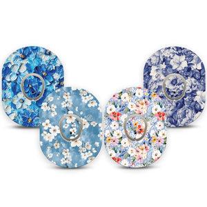 ExpressionMed Blue Petals Dexcom G7 and Dexcom Stelo Glucose Biosensor System, tape and sticker  Blue garden prints Decorative Decal for CGM