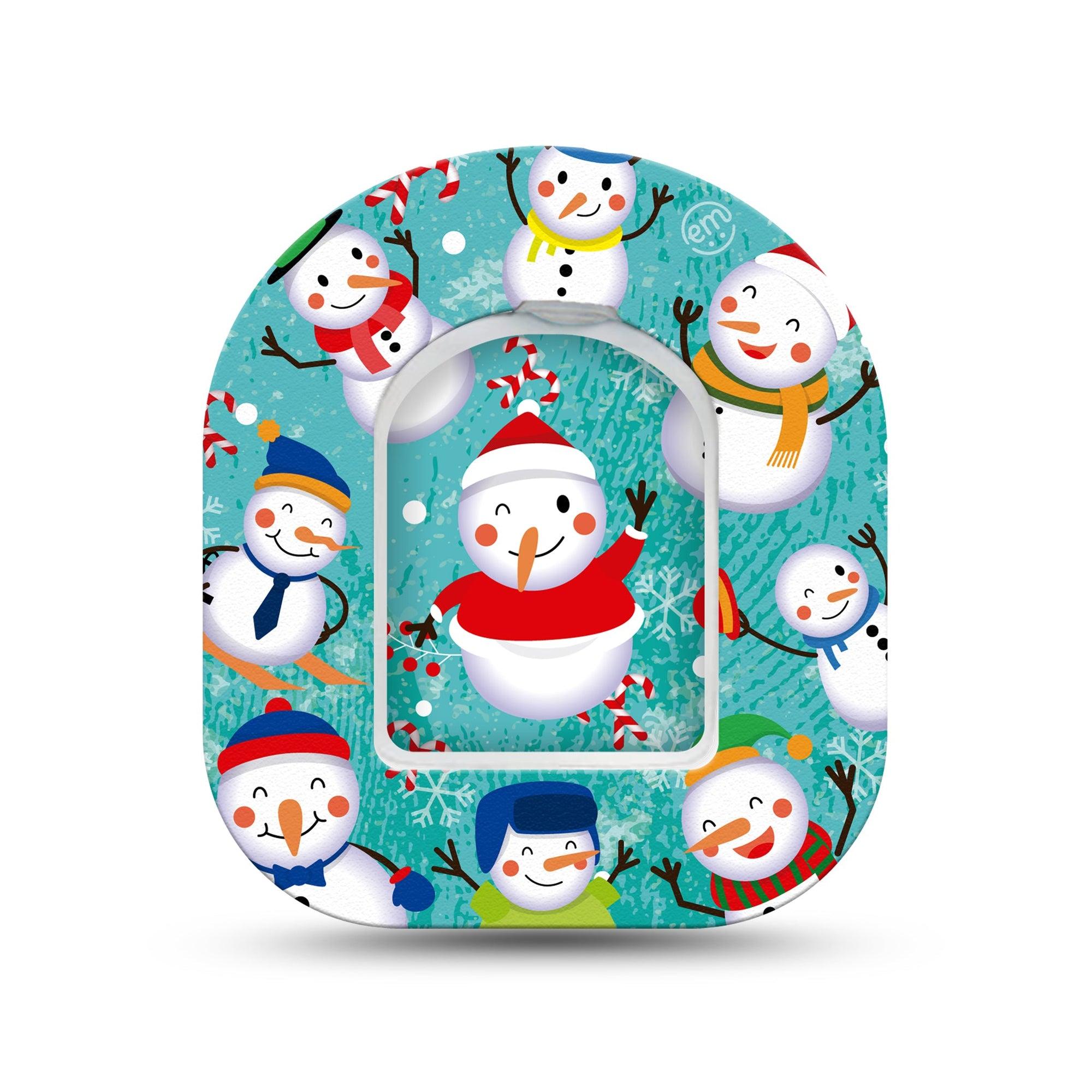 ExpressionMed Snowman Celebration Omnipod Surface Center Sticker and Mini Tape Happy Snowmen Themed Vinyl Sticker and Tape Design Pump Design