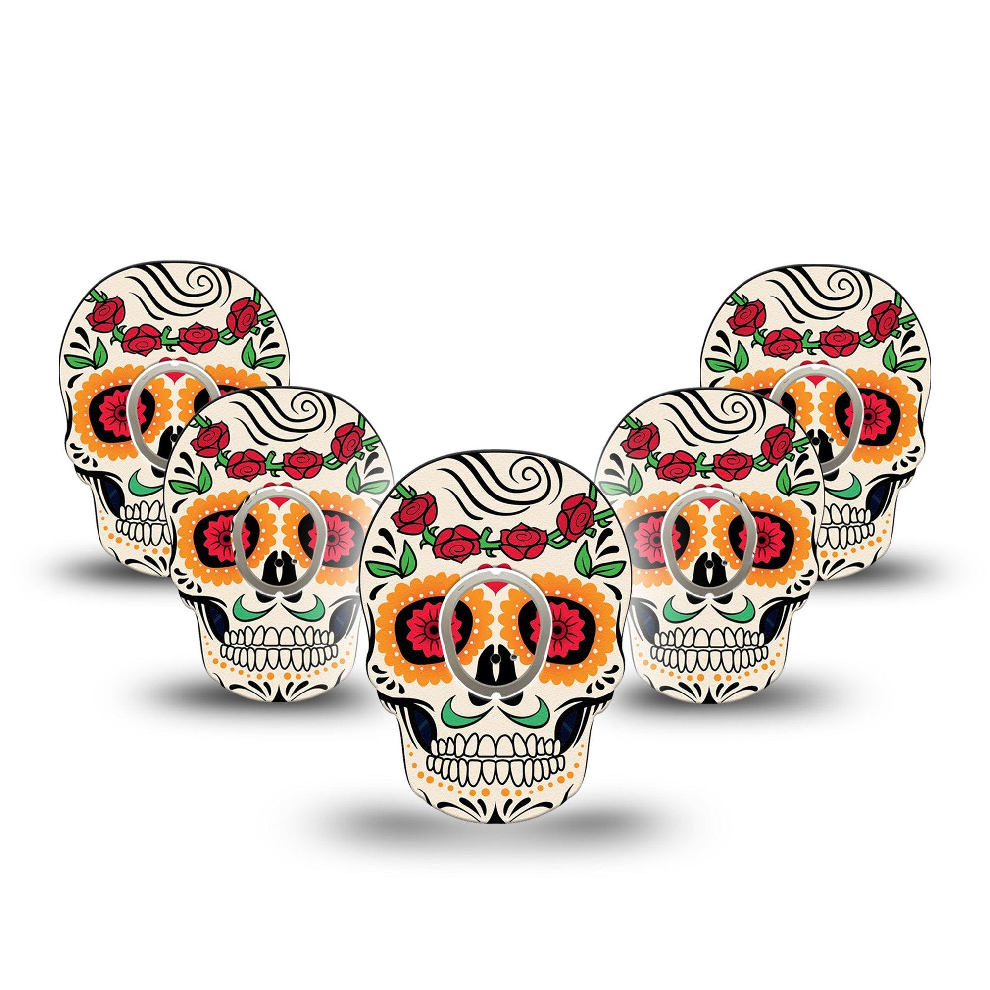 ExpressionMed Dia De Los Muertos Dexcom G7 Skull Shape Tape, Dexcom Stelo Glucose Biosensor System, 5-Pack Tape and 5-Pack Sticker Colorful Skull Overlay Patch CGM Design