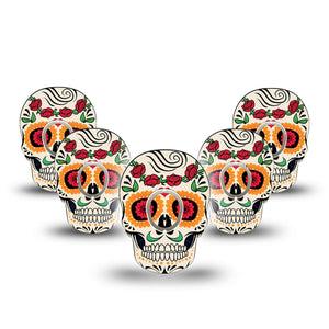 ExpressionMed Dia De Los Muertos Dexcom G7 Skull Shape Tape, Dexcom Stelo Glucose Biosensor System, 5-Pack Tape and 5-Pack Sticker Colorful Skull Overlay Patch CGM Design