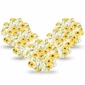 ExpressionMed Yellow Mosaic Floral Freestyle Libre 2 and Libre 2 Plus Flower Shape Tape, Abbott Lingo, 5-Pack Tape and 5-Pack Sticker Gold Sunflower Garden, Fixing Ring Tape CGM Design