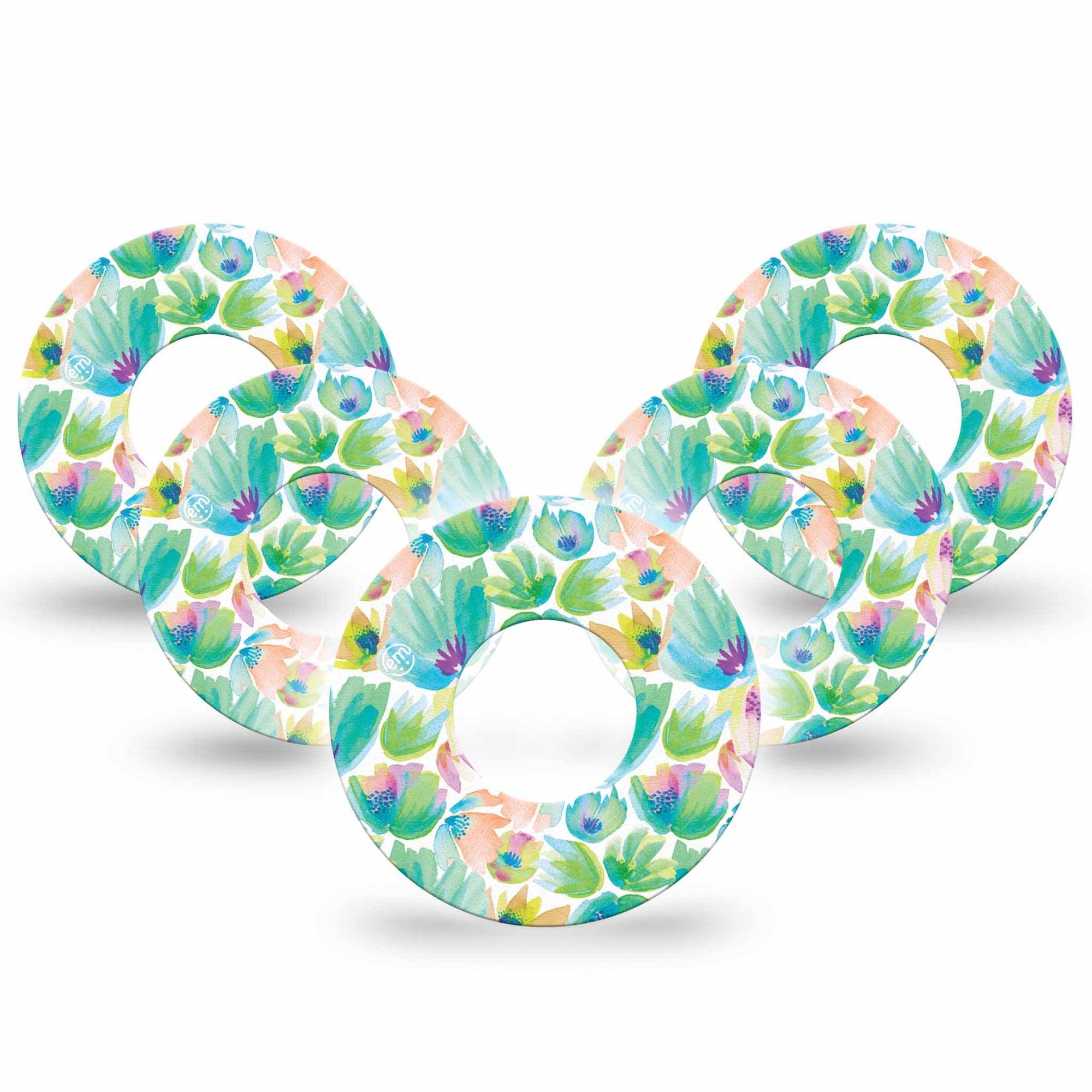 ExpressionMed Happy Go Lucky Flowers Freestyle Libre Tape, Abbott Lingo,  5-Pack Green Petal Painting Inspired Fixing Ring Tape Continuous Glucose Monitor Design