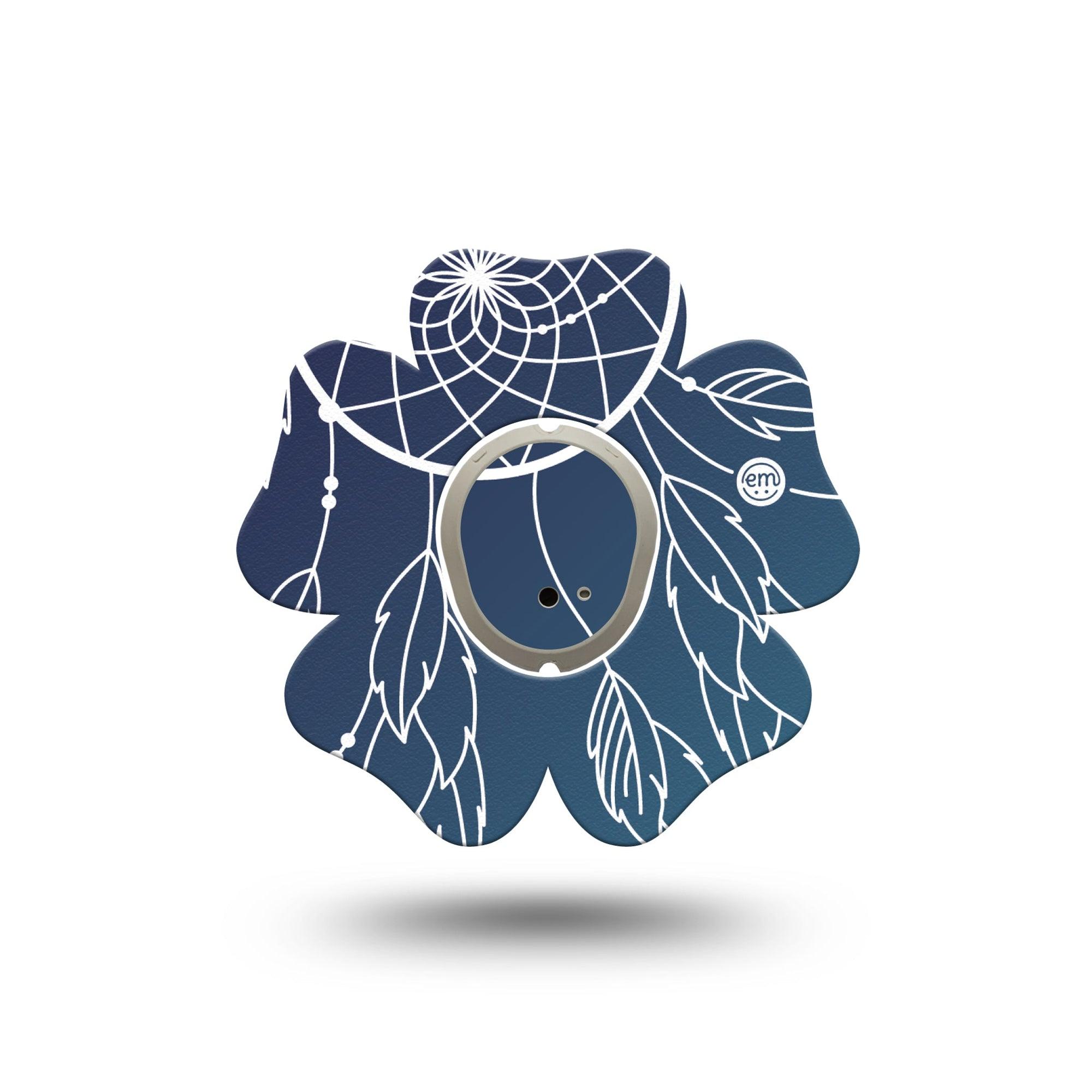 ExpressionMed Blue Dreamcatcher Dexcom G7 Flower Shape Tape, Dexcom Stelo Glucose Biosensor System, Single Tape and Single Sticker Blue Feathers Plaster CGM Design