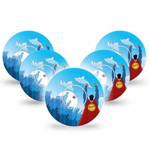 ExpressionMed Super Man Freestyle Libre and Libre 2 Plus Tape, Abbott Lingo, 5-Pack Tape and 5-Pack Sticker Flying Hero, Fixing Ring Tape Continuous Glucose Monitor Design