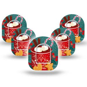 ExpressionMed Hot Chocolate Omnipod Mini Tape 5-Pack Tape and 5-Pack Sticker Hot Chocolate with Christmas Marshmallows, Adhesive Tape Pump Design