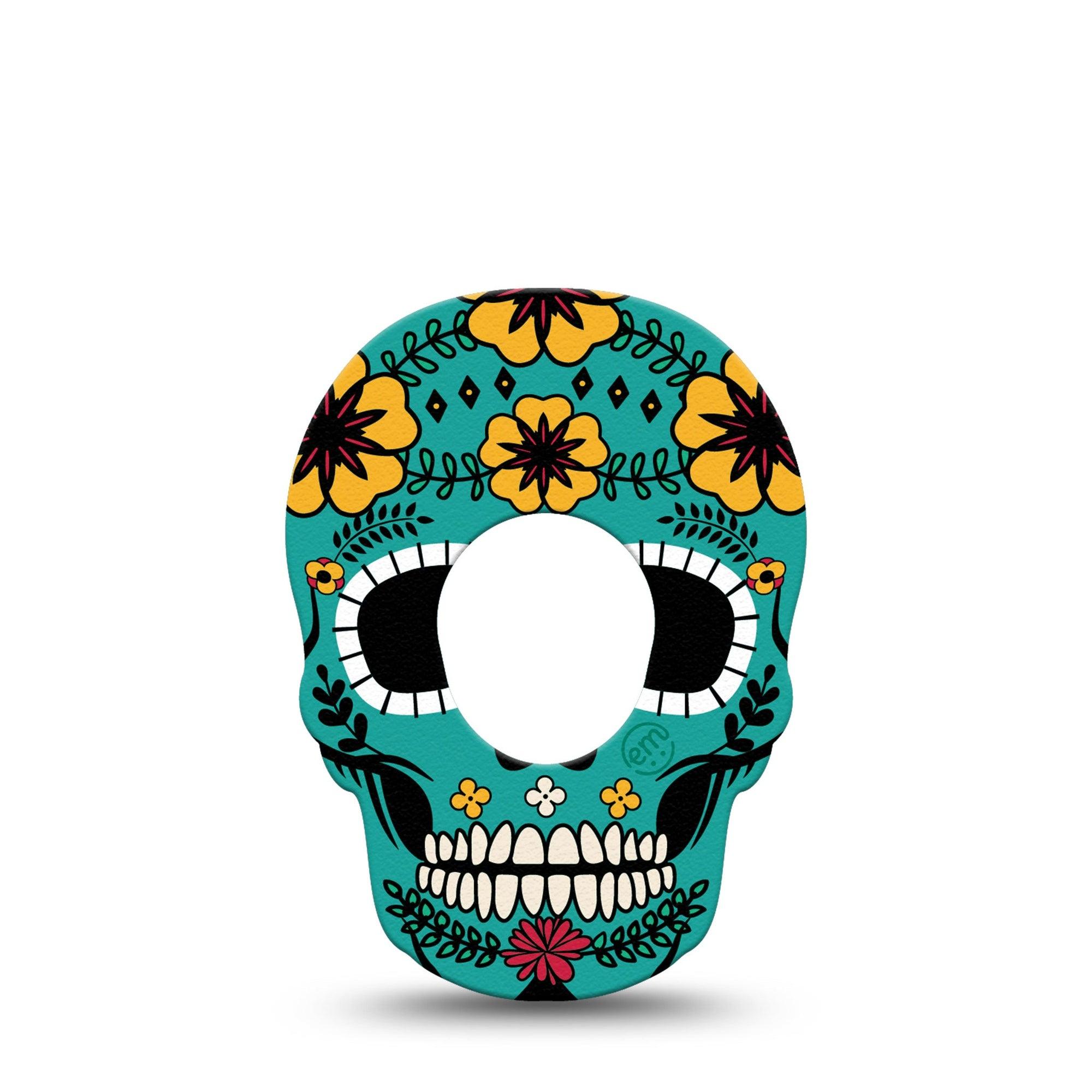 ExpressionMed Teal Skull Dexcom G7 Skull Shape Tape, Dexcom Stelo Glucose Biosensor System, Single Blue Green Flower Skull Overlay Patch CGM Design