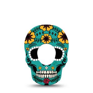 ExpressionMed Teal Skull Dexcom G7 Skull Shape Tape, Dexcom Stelo Glucose Biosensor System, Single Blue Green Flower Skull Overlay Patch CGM Design