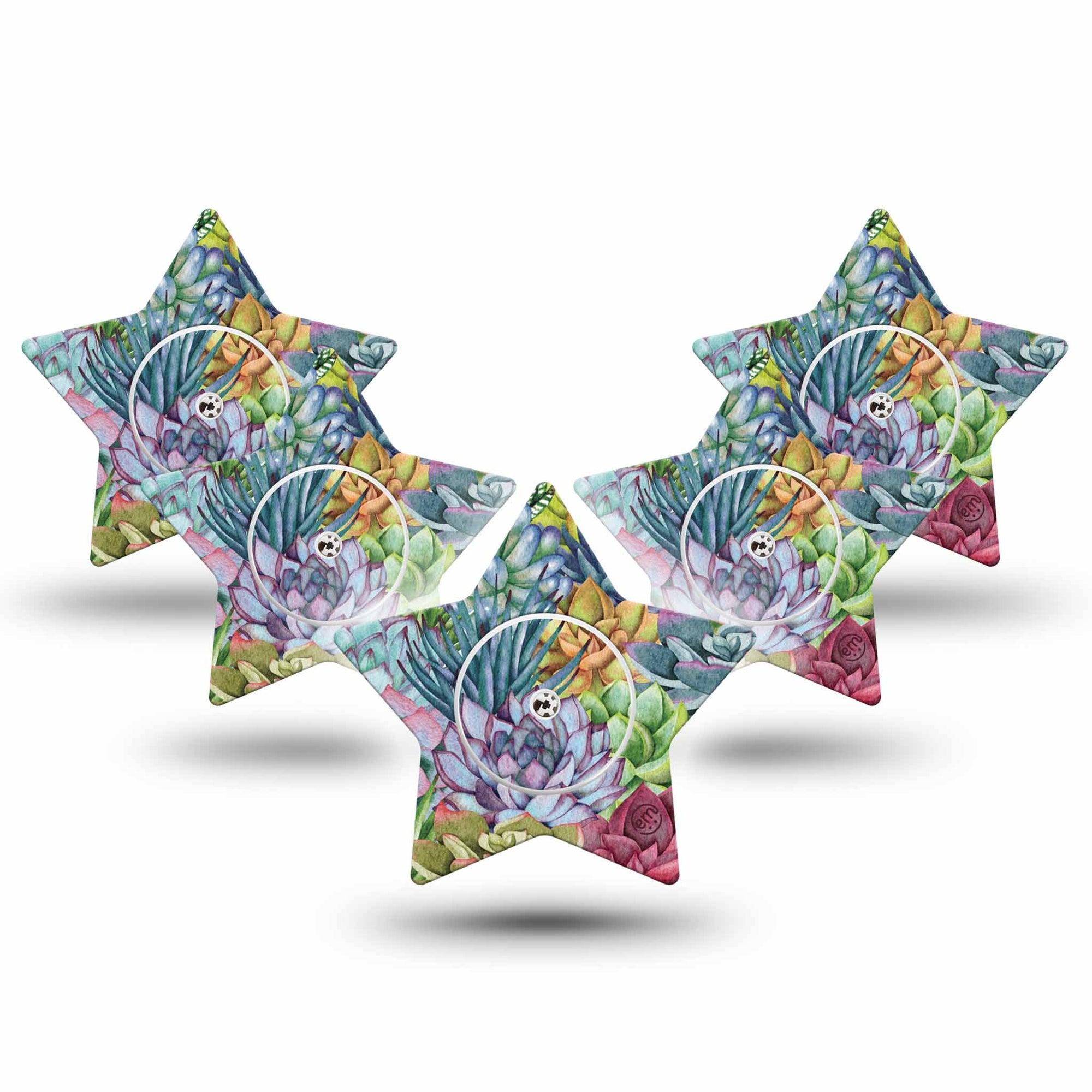 ExpressionMed Blue Succulents Freestyle Libre 2 and Libre 2 Plus Star Shape Tape, Abbott Lingo,  5-Pack Tape and 5-Pack Sticker Cobalt Cactus Adhesive Tape CGM Design