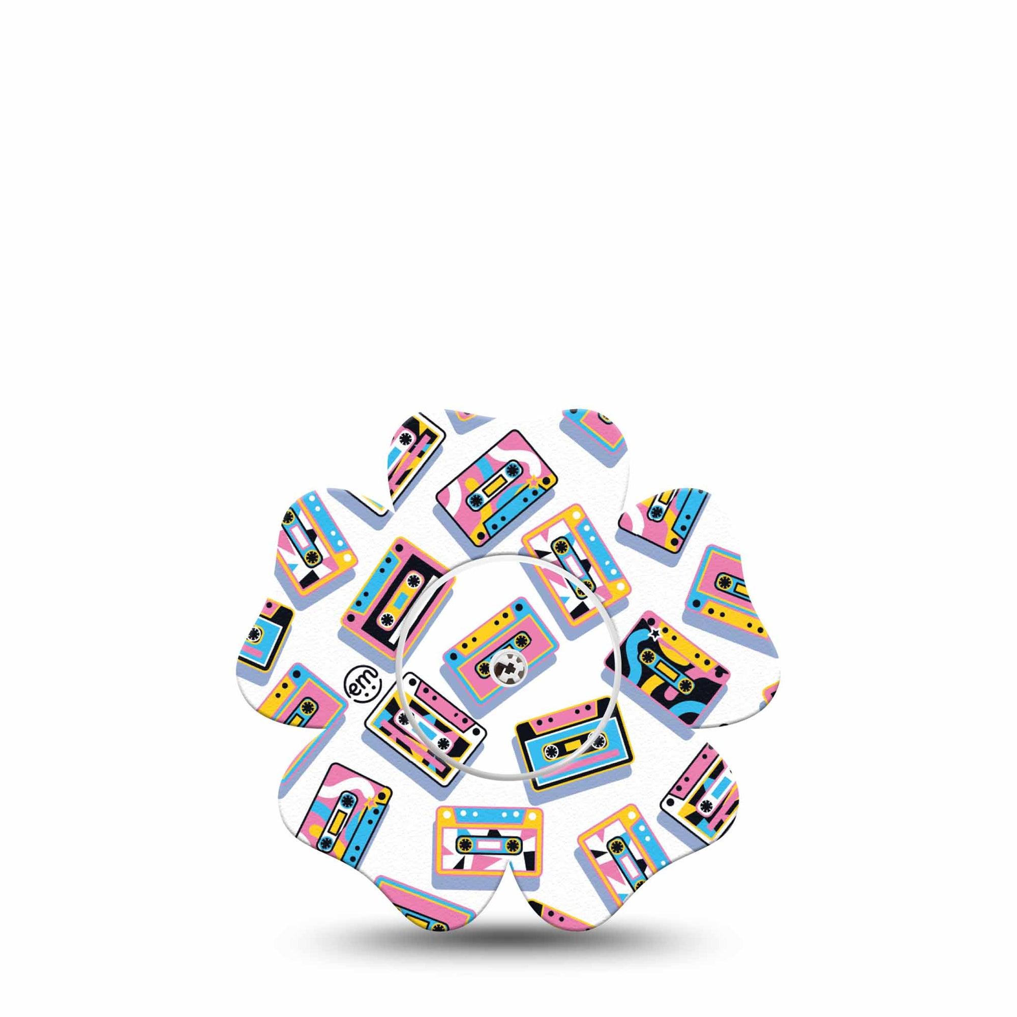 ExpressionMed Vintage Music Tapes Freestyle Libre 2 and Libre 2 Plus Flower Shape Tape, Abbott Lingo,  Single Tape and Single Sticker Pastel Retro Multicolored Cassettes, Fixing Ring Tape CGM Design