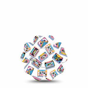 ExpressionMed Vintage Music Tapes Freestyle Libre 2 and Libre 2 Plus Flower Shape Tape, Abbott Lingo,  Single Tape and Single Sticker Pastel Retro Multicolored Cassettes, Fixing Ring Tape CGM Design