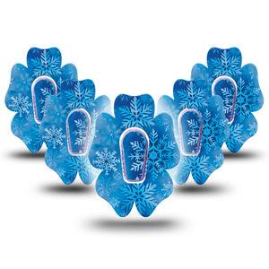 ExpressionMed Falling Snow Dexcom G6 Flower Shape Tape, 5-Pack Tape and 5-Pack Sticker Blue Snowflakes, Adhesive Patch Continuous Glucose Monitor Design