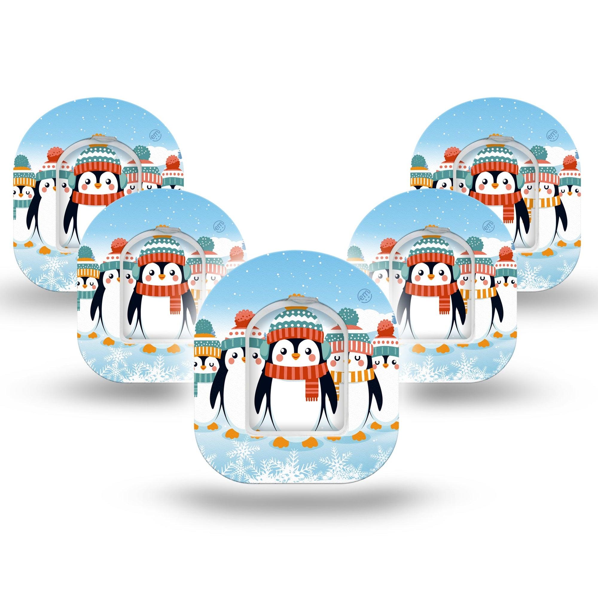 ExpressionMed Penguins In Row Omnipod Mini Tape 5-Pack Tape and 5-Pack Sticker Hat and Scarf Penguins, Adhesive Tape Pump Design