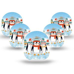 ExpressionMed Penguins In Row Omnipod Mini Tape 5-Pack Tape and 5-Pack Sticker Hat and Scarf Penguins, Adhesive Tape Pump Design