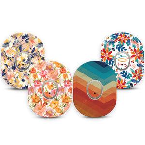 ExpressionMed Jewel Tone Glow Variety Pack Dexcom G7 Tape, Dexcom Stelo Glucose Biosensor System, 4-Pack Tape and 4-Pack Stickers Variety Bright Winter Flowers, Overlay Tape CGM Design